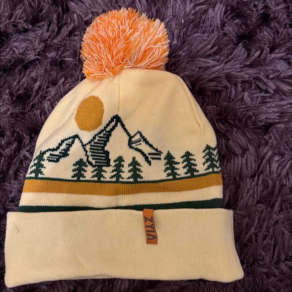 Cozy Yellow Beanie with Pom Pom and Mountain Design - Picture 2 of 2